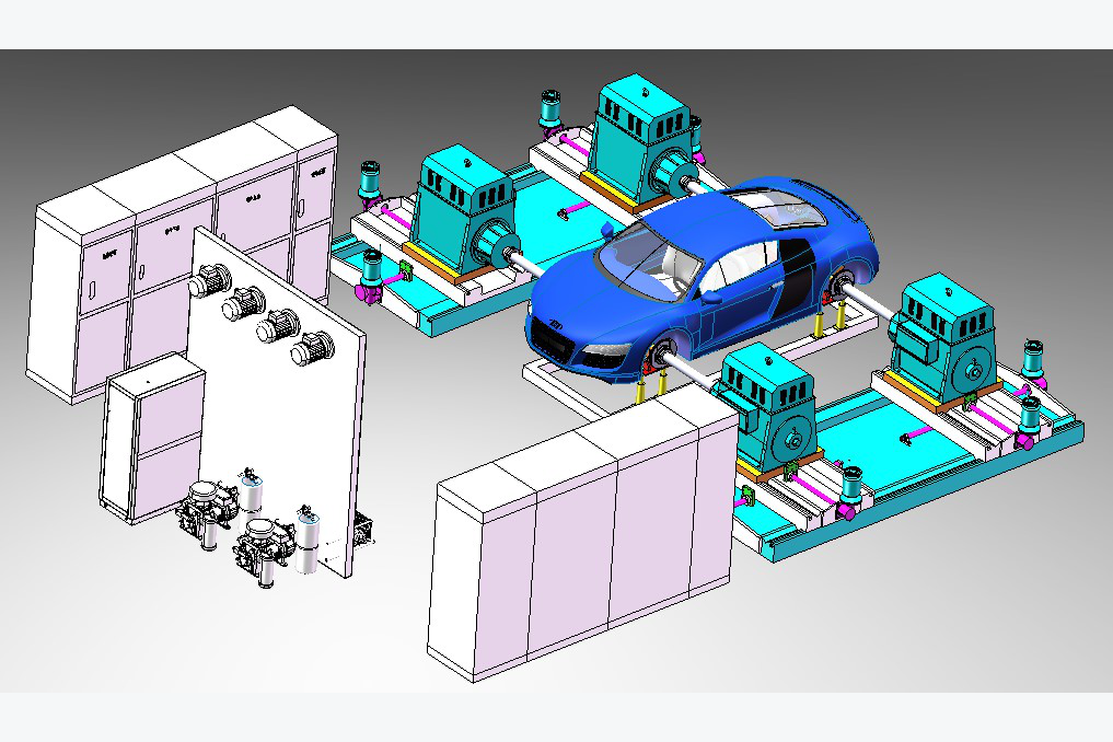 CAD layout of a four-motor vehicle test bench